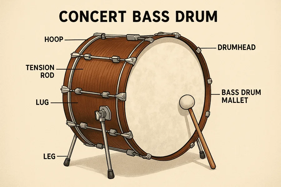 Concert bass drum with rich tone and vibrant sound for orchestras and ensembles.