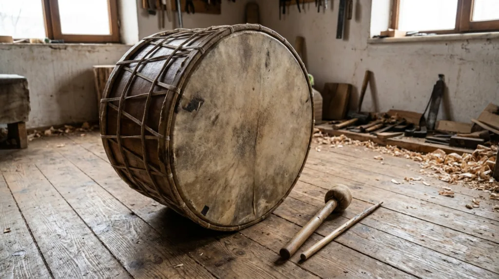 A traditional Anatolian davul with a worn drumhead and wooden sticks nearby.