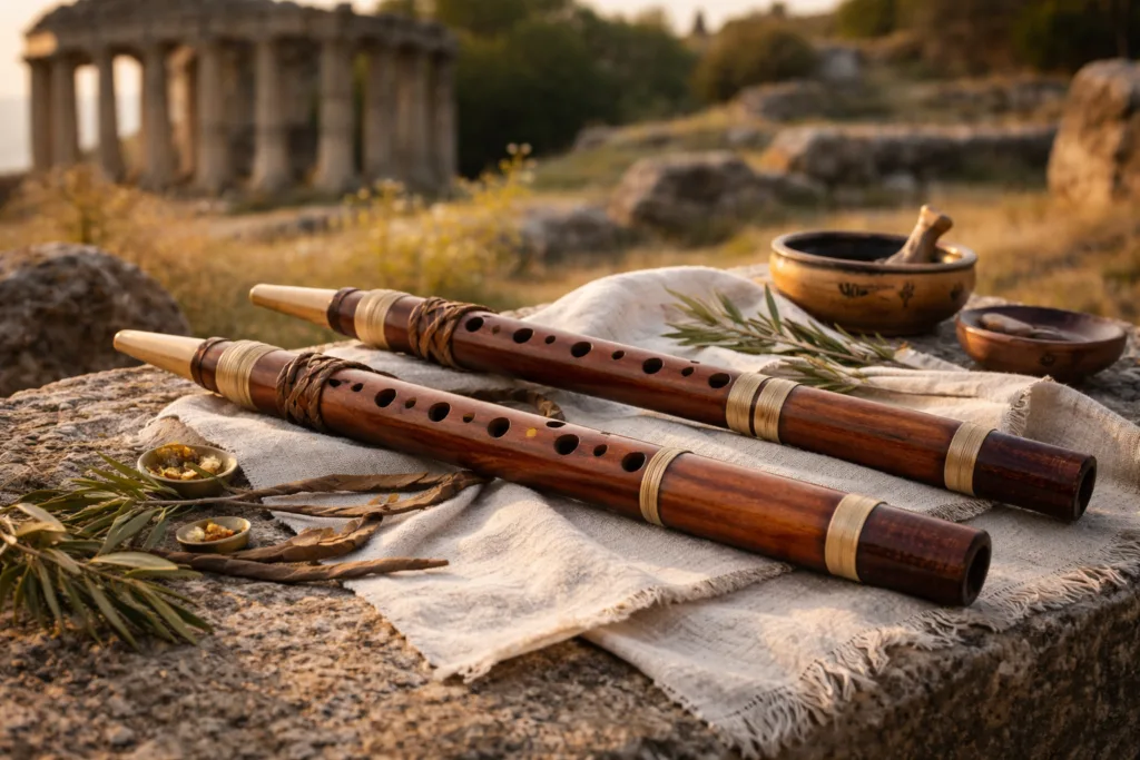 Aulos resting on a cloth with a stone wall and desert landscape in the background.