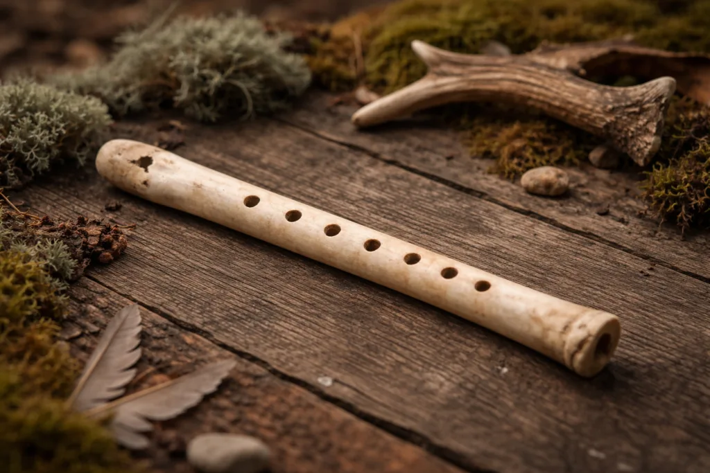 Bone flute with several finger holes lies on a wooden surface, illustrating early musical instruments.