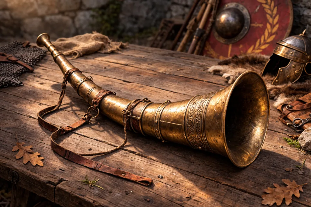 A brass carnyx with a curved, animal-head design laid on a wooden surface.