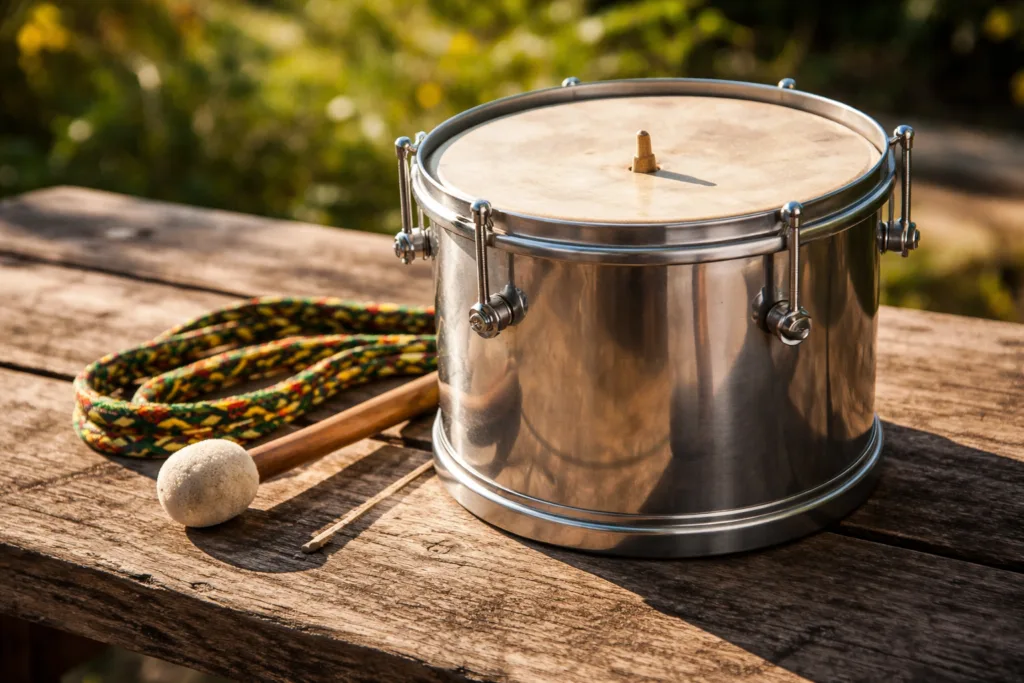 A shiny cuica drum with its drumstick resting on a wooden surface.