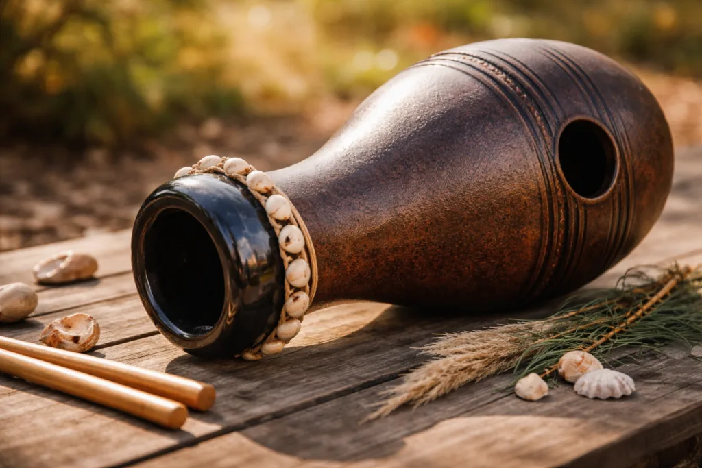 Ibo drum with a rounded ceramic vessel and wooden sticks in front of it.