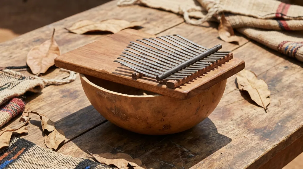 An ilimba, an African rhythmic shaker-drum, shown with wooden mallets resting on top.
