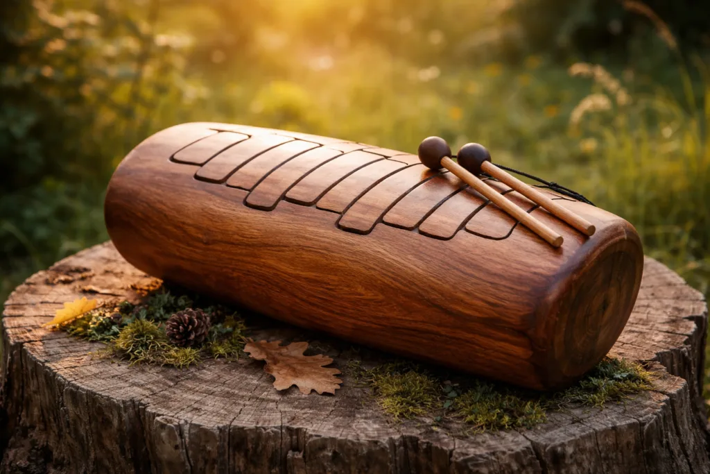 Log drum with carved markings used for ancient communication and rhythmic patterns.