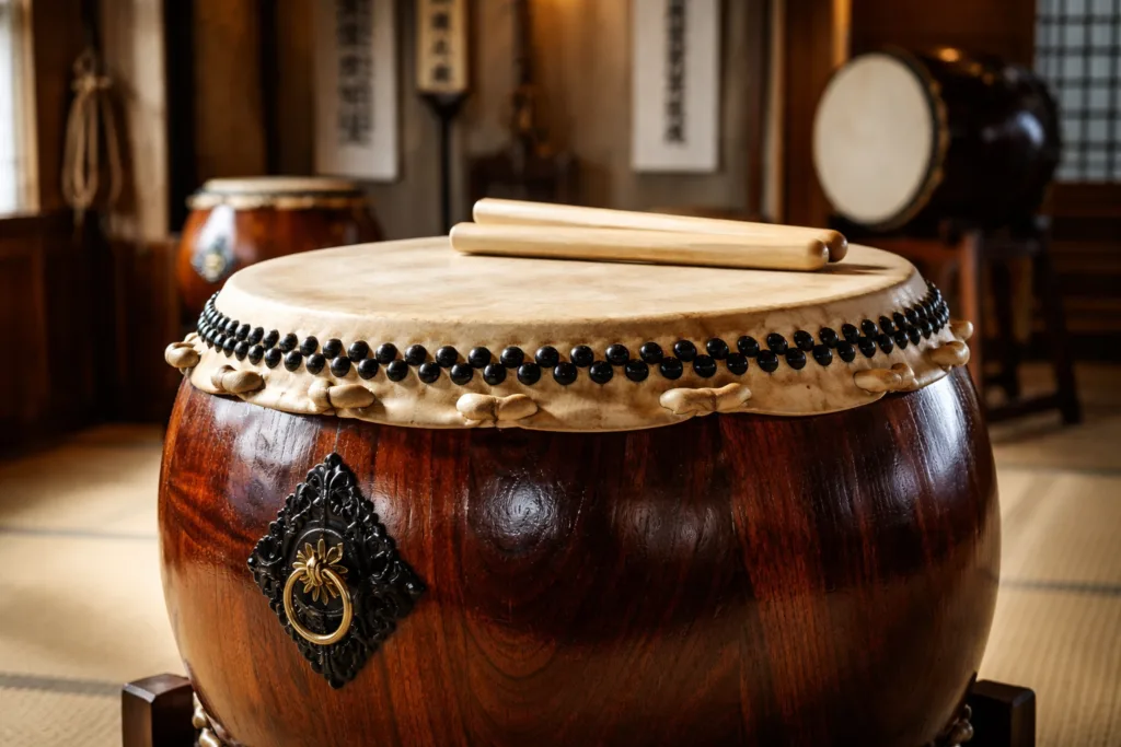 A traditional nagado daiko drum with a wooden body and drumsticks resting on top.