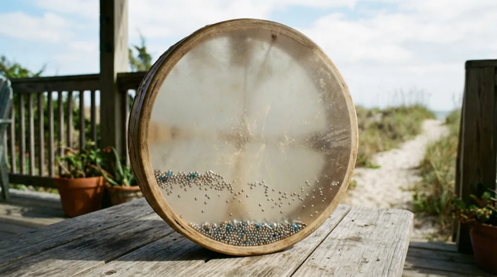 Ocean drum with a clear, round body and water inside, creating ocean sounds.