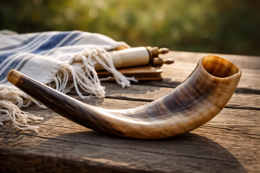 Shofar with a curved, carved ram's horn on a wooden surface.