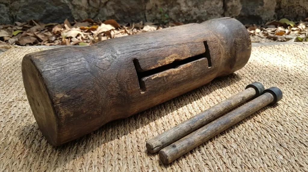 A Teponaztli, the ancient Aztec slit drum, with carved wooden body and two mallets.