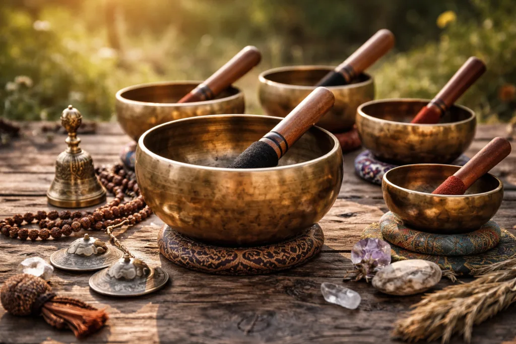 Three Tibetan singing bowls with wooden mallets on a grass surface.