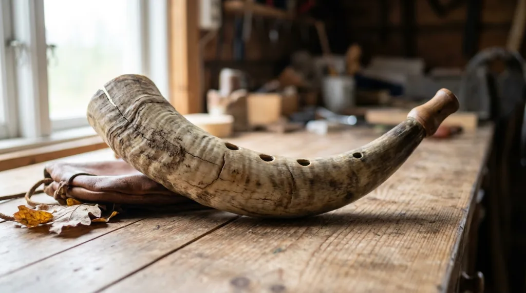 A weathered bukkehorn made from animal horn, placed on a wooden surface with a blurred workshop background.