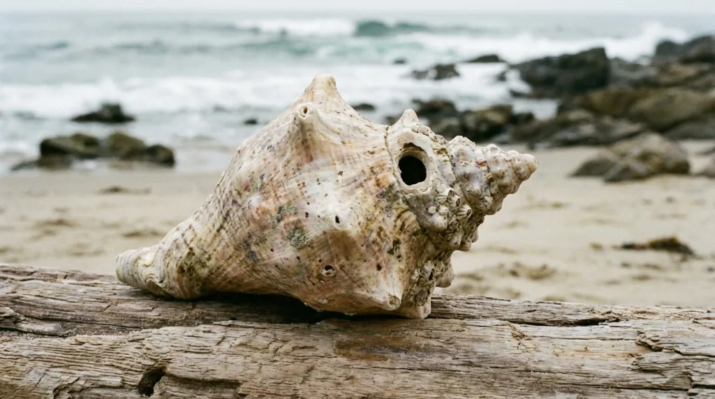 Close-up of a conch shell trumpet with a large opening resting on the sandy beach.