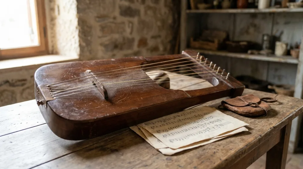 Ancient Greek epigonion with its strings and wooden body resting on a table.