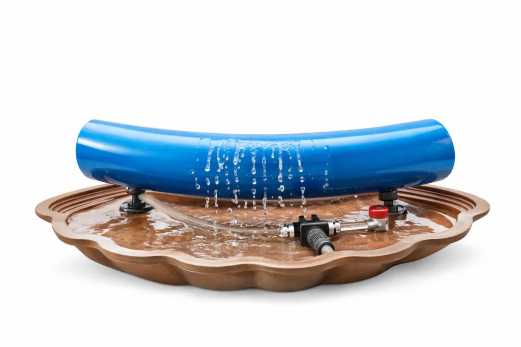 A blue hydraulophone with water flowing through its tubes, creating musical sounds.