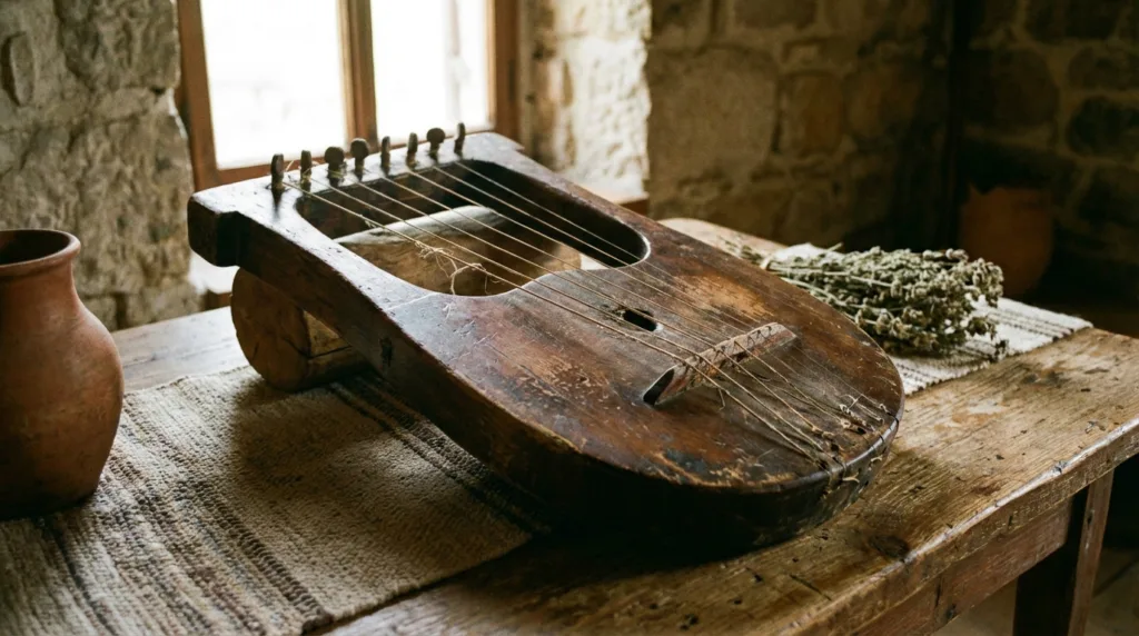 A wooden kinnor with strings stretched across a carved soundboard, showcasing a traditional biblical lyre.