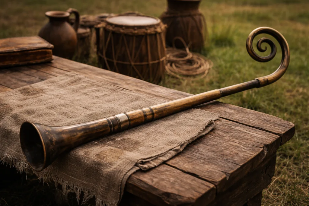 Ancient lituus ritual trumpet resting on a wooden surface, with a grassy background and carved wooden furniture nearby.