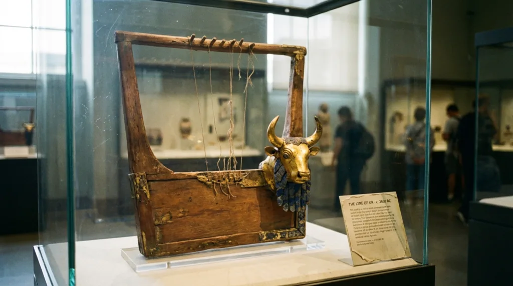 Lyre of Ur with a wooden body and gold adornments on display in a museum.