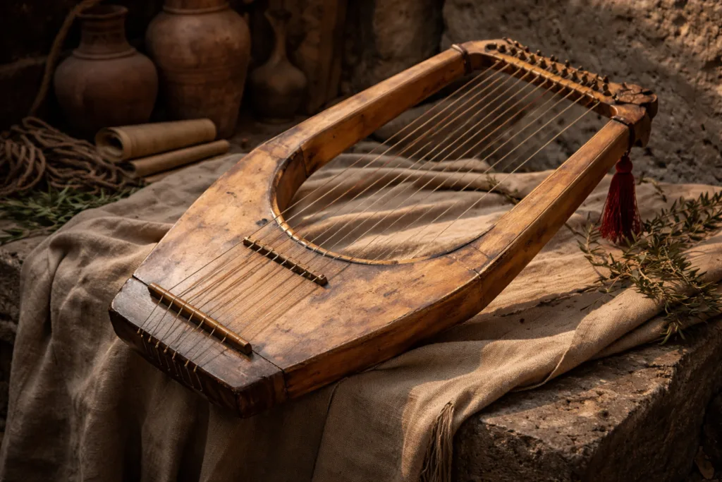 Magadis instrument, a wooden multi-stringed lute from ancient Greece, resting on a woven cloth.
