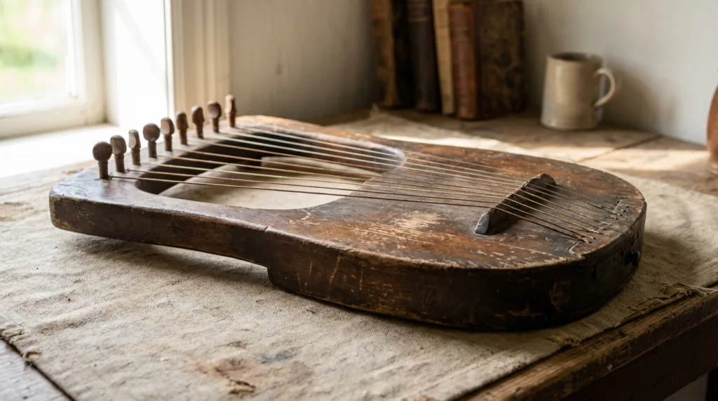 Nevel, an ancient Hebrew harp, showcases a curved wooden body with strings stretched across it.