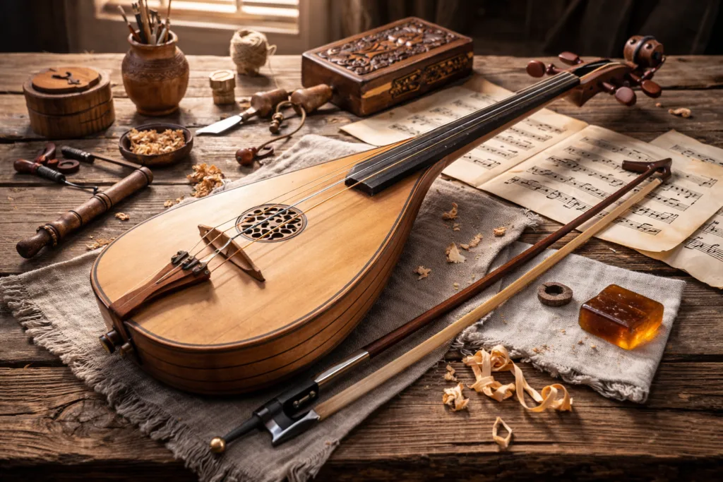 Salpinx, an ancient Greek war trumpet, resting on a wooden surface with a carved metal mouthpiece.