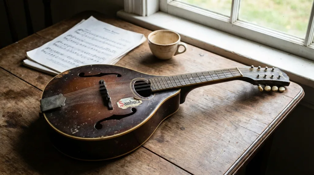 A wooden sambuca ancient harp with a triangular shape, resting on a windowsill next to a cup and open book.