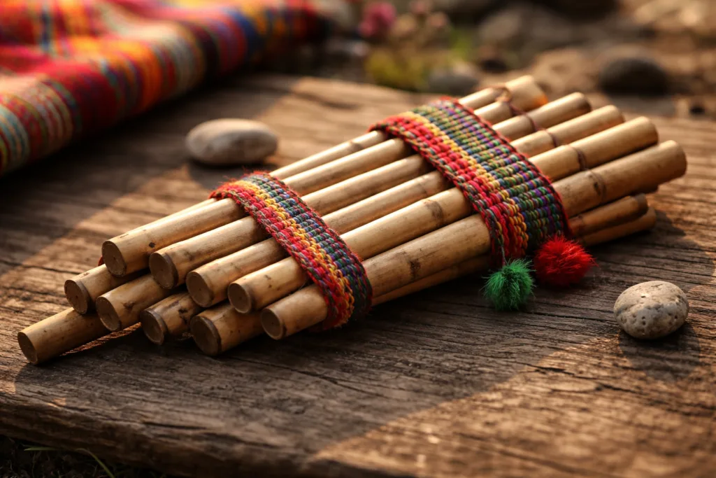 A tibia roman instrument made of multiple carved reed pipes tied together with colorful woven bands.