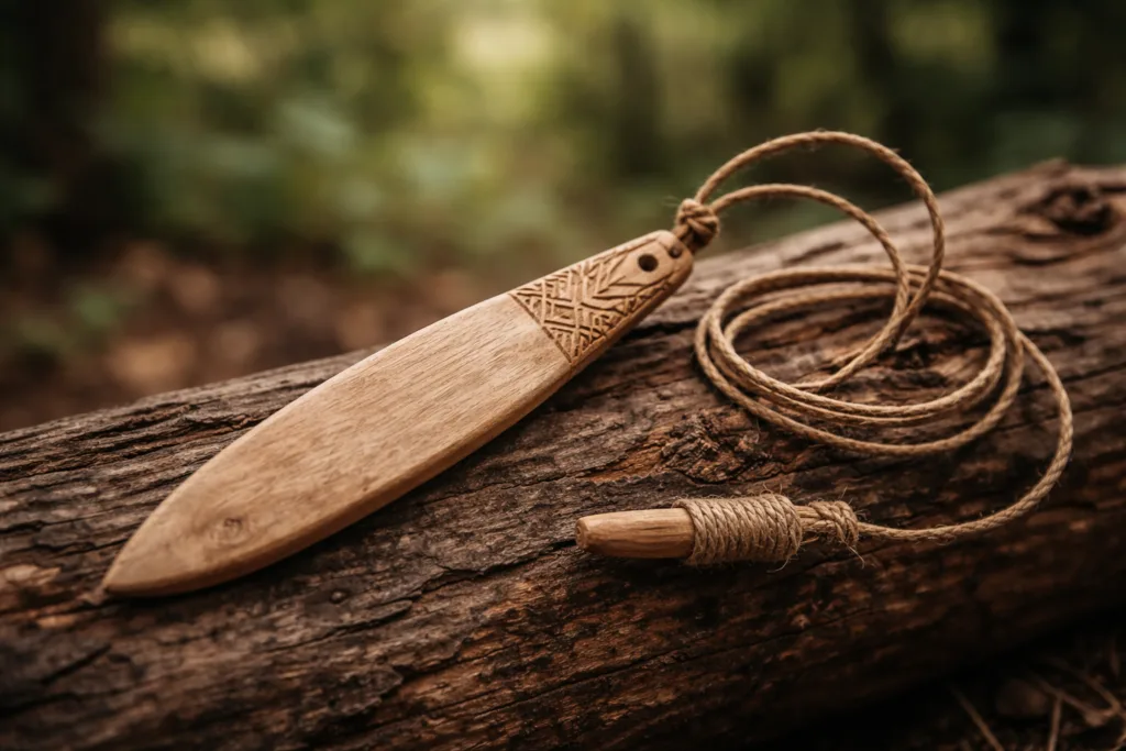 A bullroarer, an ancient ritual tool, used to produce deep, rhythmic sounds during ceremonies and spiritual practices.