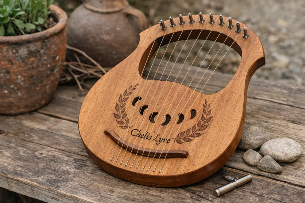 Chelis lyre made of light-colored wood with a curved shape and strings stretched across its top, resting on a stone surface.