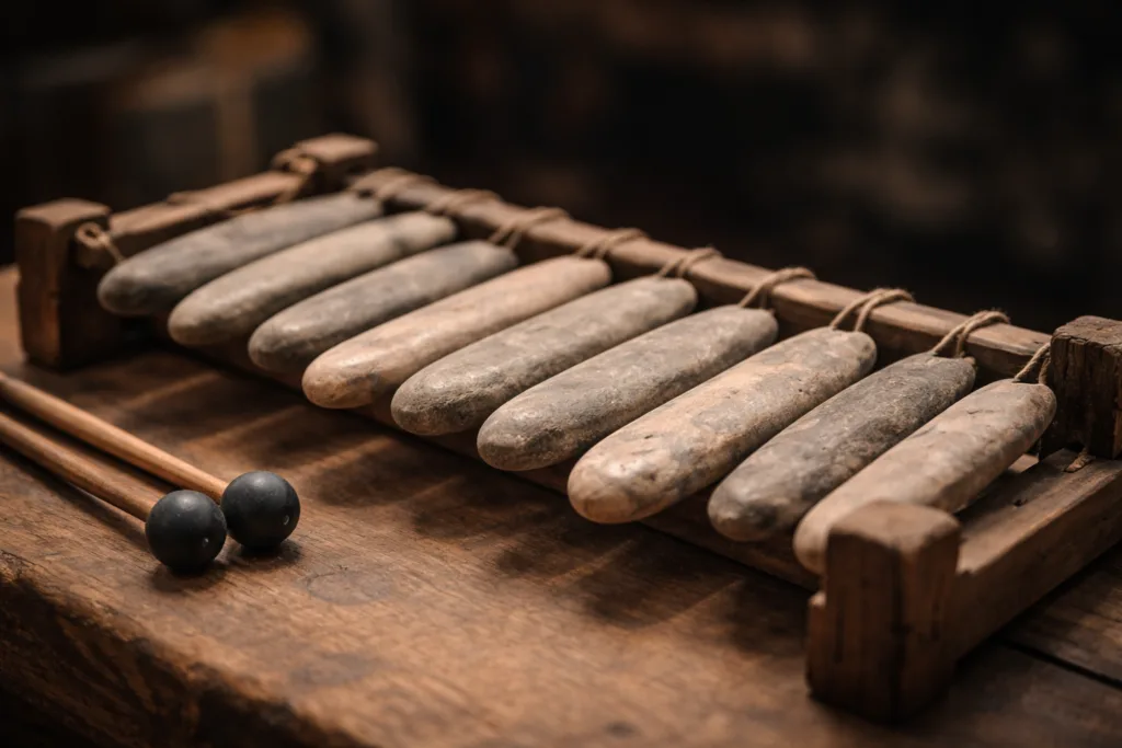 A lithophone, an ancient stone musical instrument played by striking stones to produce sound.