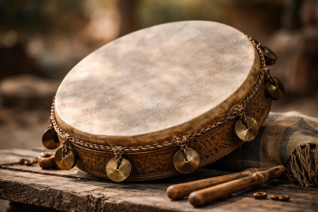 A Mesopotamian frame drum used in ancient rituals to produce rhythmic percussion sounds.