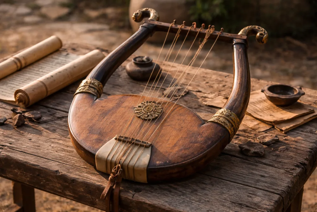 A phorminx resting on a wooden surface, featuring a rounded body and strings stretched across the top.