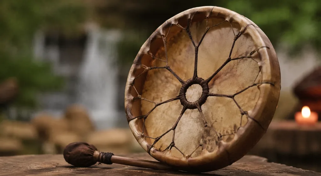 Shamanic drum used in Siberian and Central Asian rituals, crafted for spiritual ceremonies and shamanic practices.