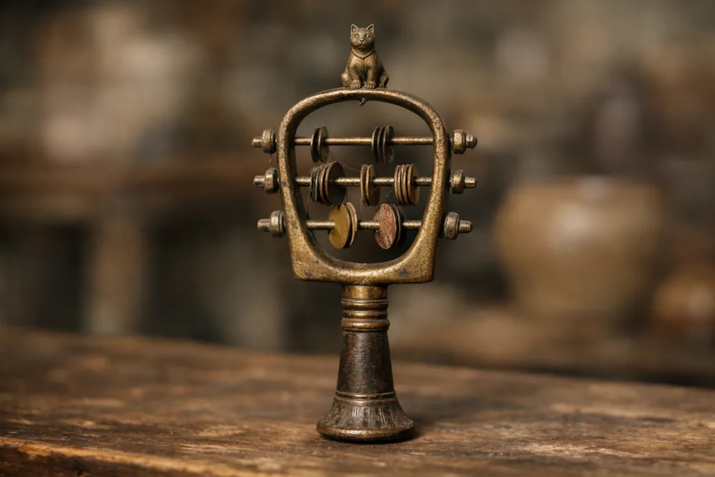 Ancient Egyptian sistrum, a sacred ritual musical instrument used in religious ceremonies and celebrations.