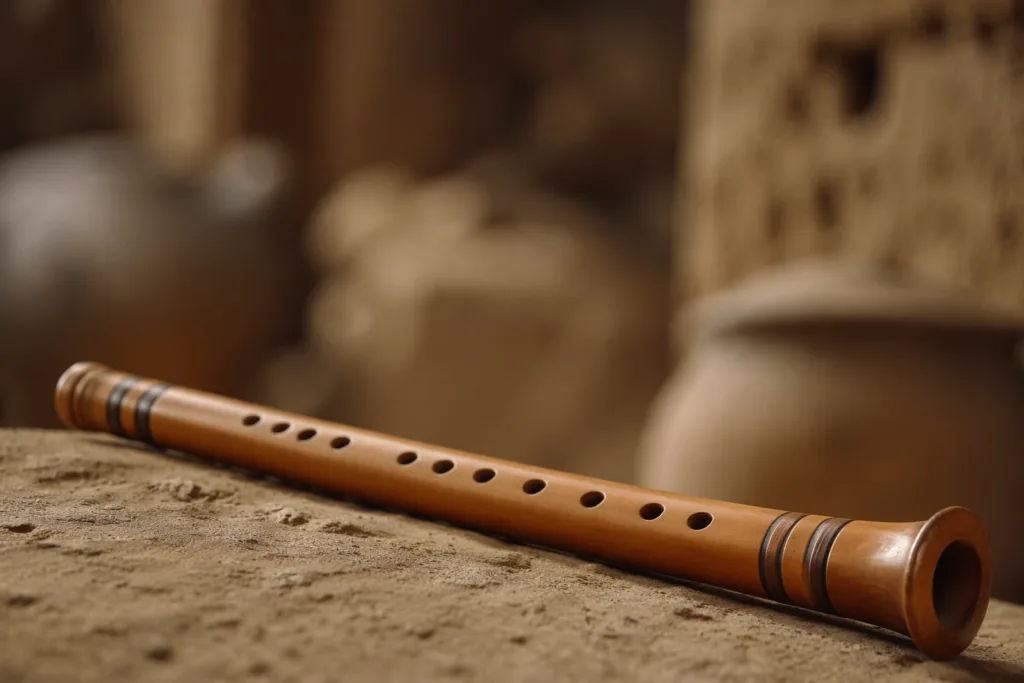 Ancient Egyptian wind instrument, a reed flute used in ceremonial or musical performances in ancient Egypt.