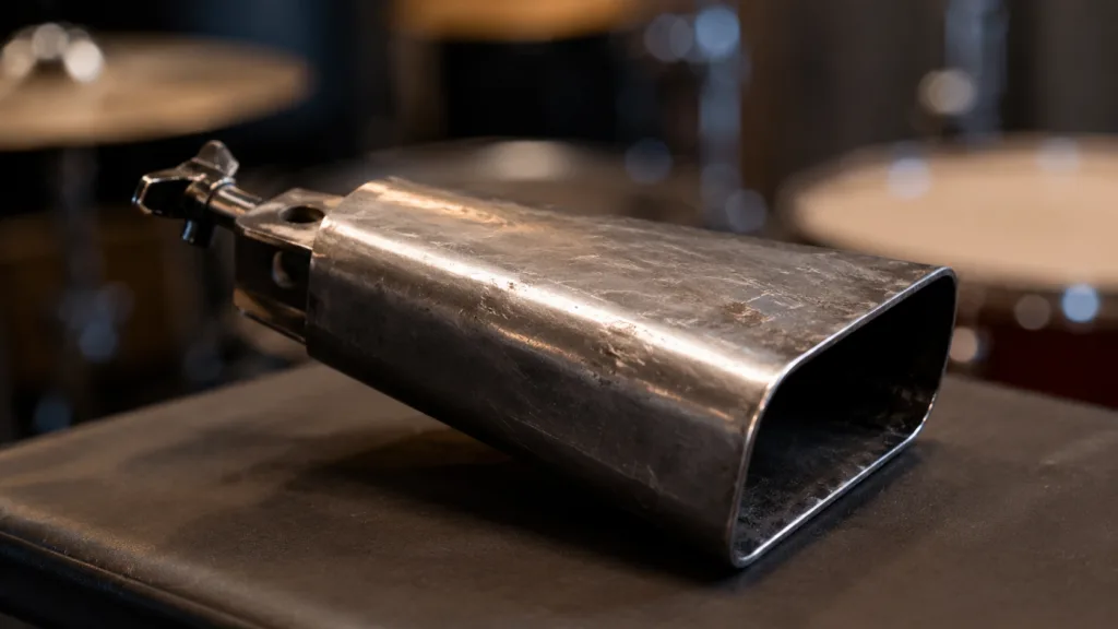 A cowbell percussion instrument used to add rhythmic flair in various music genres.