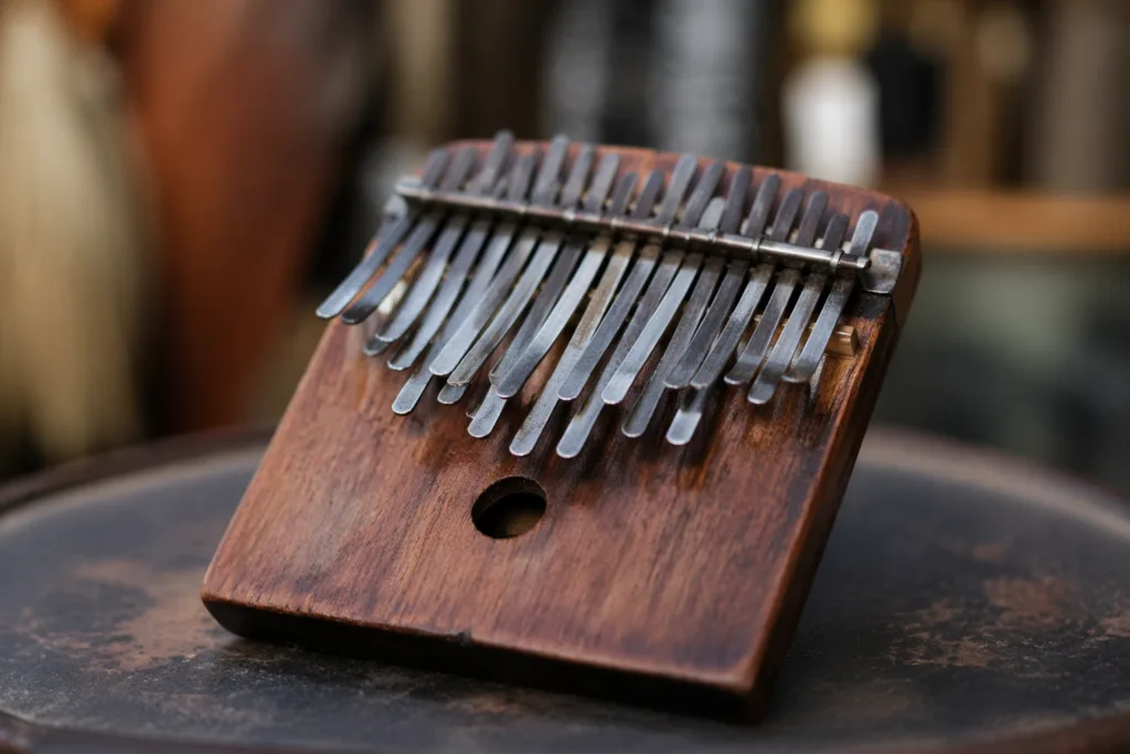 A mbira, a traditional Zimbabwean thumb piano, played by plucking metal tines mounted on a wooden box.