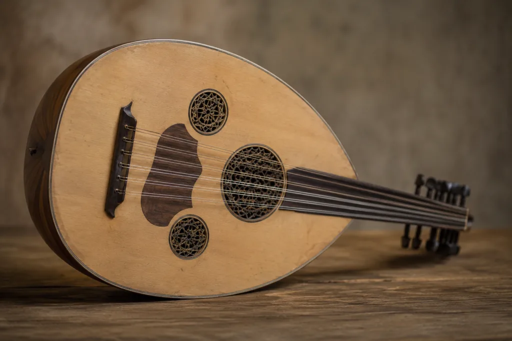 Oud instrument showcasing its distinct lute-shaped body and string arrangement, popular in Middle Eastern music.