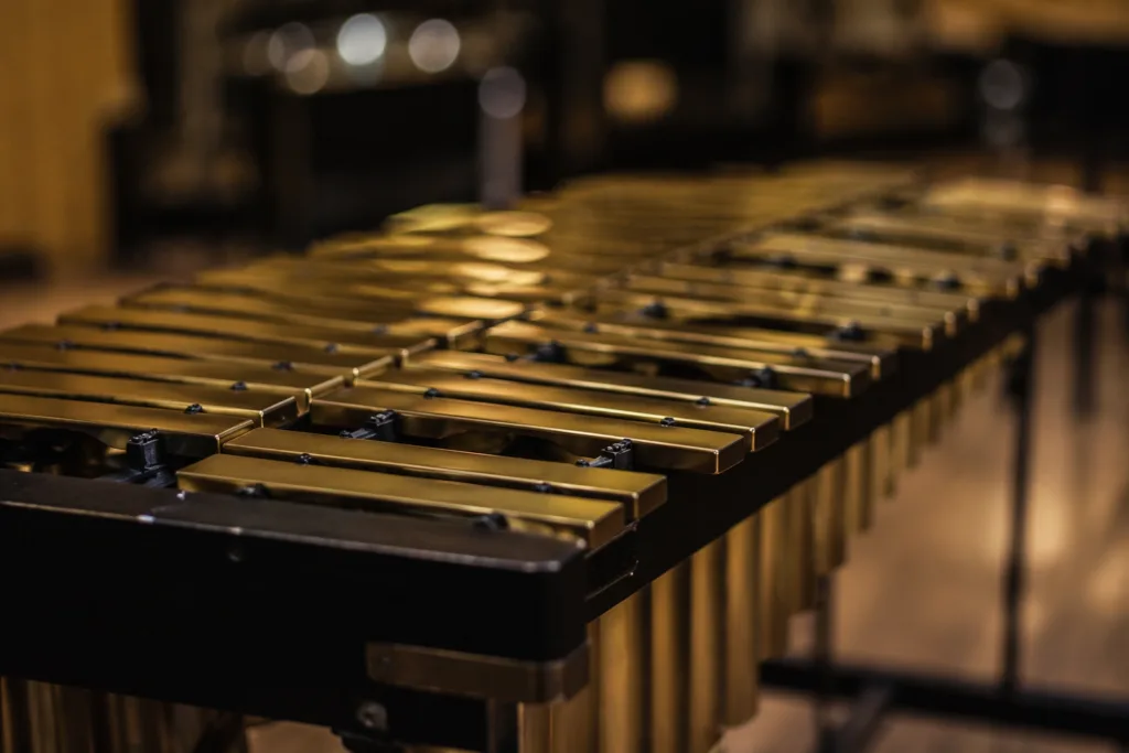 Close-up of a vibraphone showcasing its metal bars and resonators used in jazz percussion performances