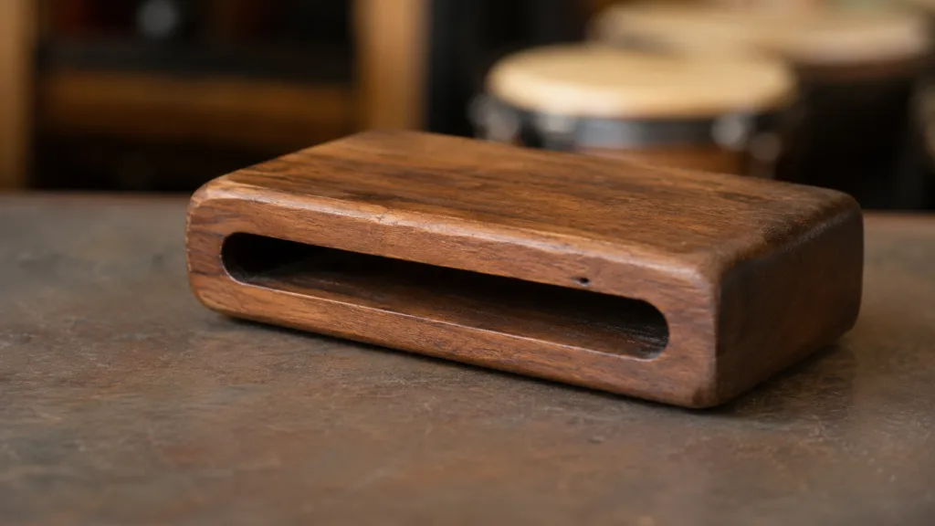 A wooden percussion instrument known as a woodblock drum used in orchestral and pop music for sharp, rhythmic sounds.