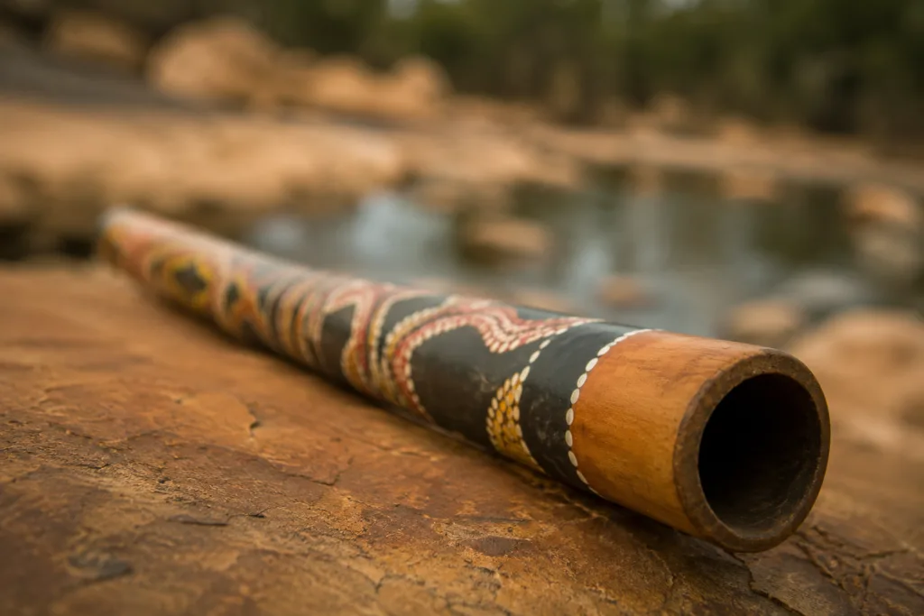Didgeridoo, an ancient Australian wind instrument known for its deep, resonant sound used in indigenous ceremonies.