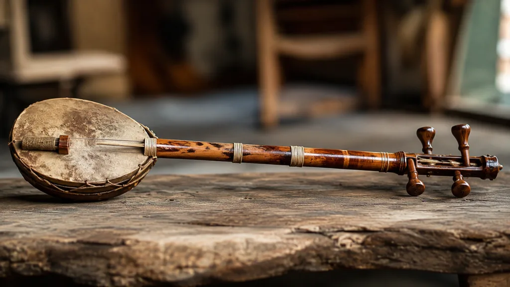 Rebab instrument with a traditional bow and carved wooden body, used in Middle Eastern and Balkan music for centuries.