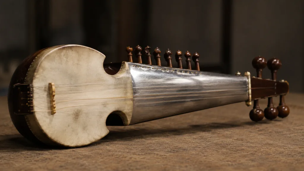 Sarod: Indian classical plucked string instrument known for its deep sound and intricate playing style.