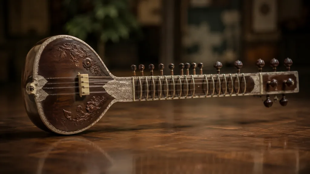 Sitar instrument with a long neck and resonator, a key image of traditional Indian music and classical performance.