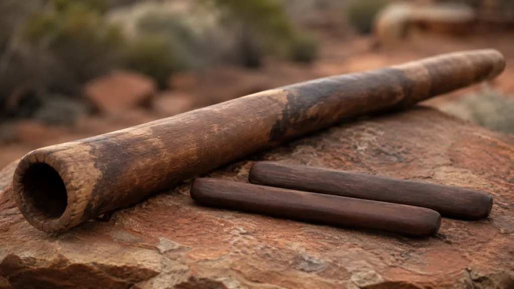Traditional aboriginal Australian instruments including clapsticks and didgeridoo used in ritual music.