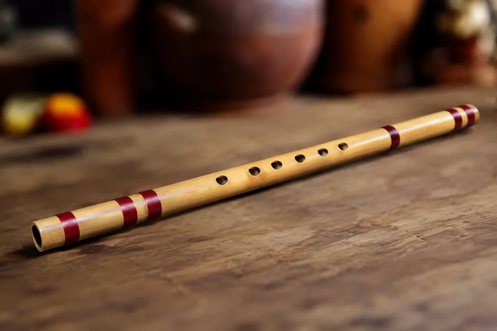 Bansuri flute, a traditional Indian bamboo instrument used in classical and folk music, shown resting on a wooden surface.