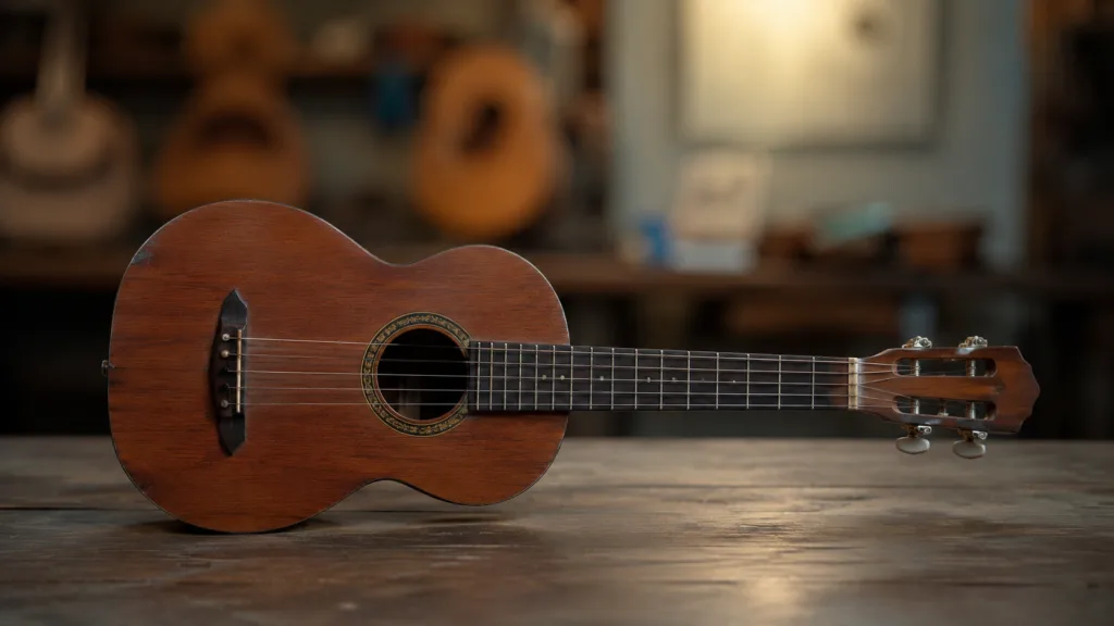 A close-up of a Cuban Tres guitar, showcasing its distinctive three-course strings used in Son Cubano music.