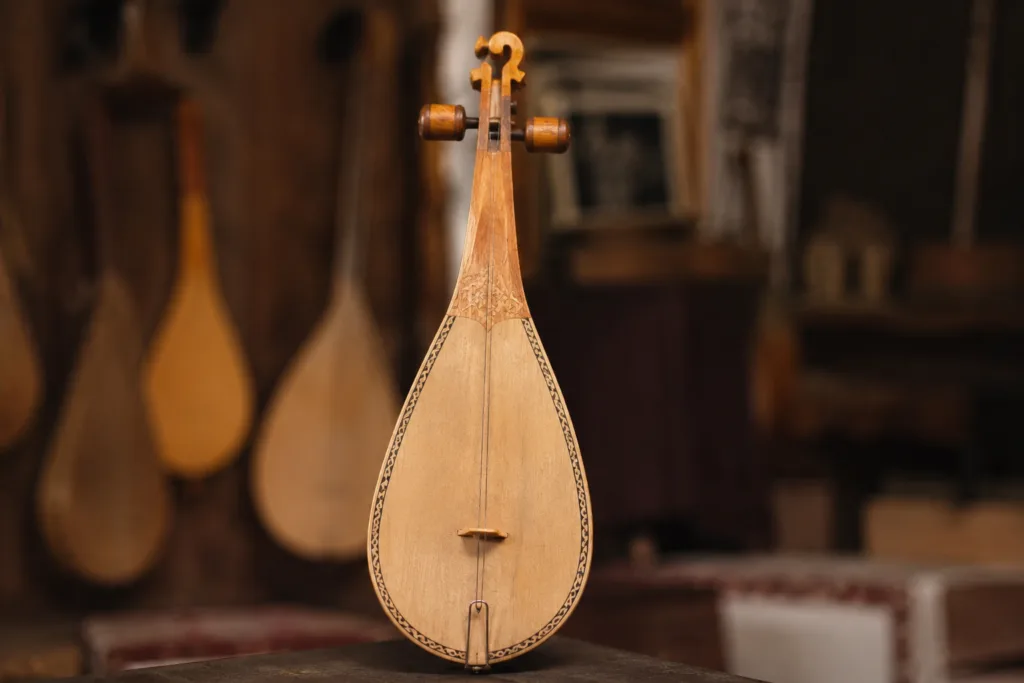 Traditional lahuta instrument with a single string used in Albanian epic music and storytelling.