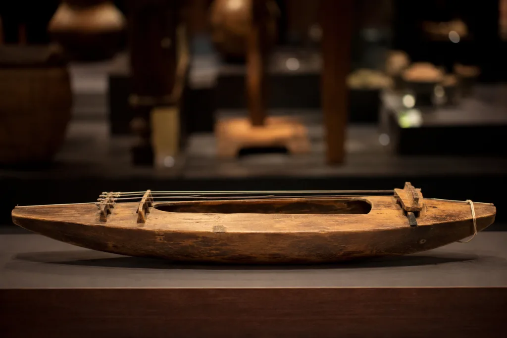 Mvet Oyeng, a traditional Ekang string instrument, used to accompany epic oral storytelling and cultural performances.