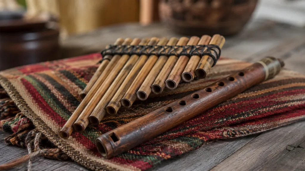 Andean panpipes with multiple bamboo tubes tied together, used in traditional music for melodic and rhythmic sounds.