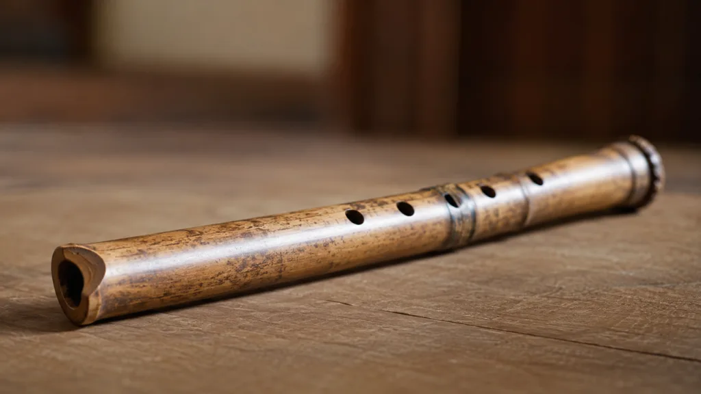 Shakuhachi bamboo flute used in Japanese music and Zen practices for contemplative sound and meditation.